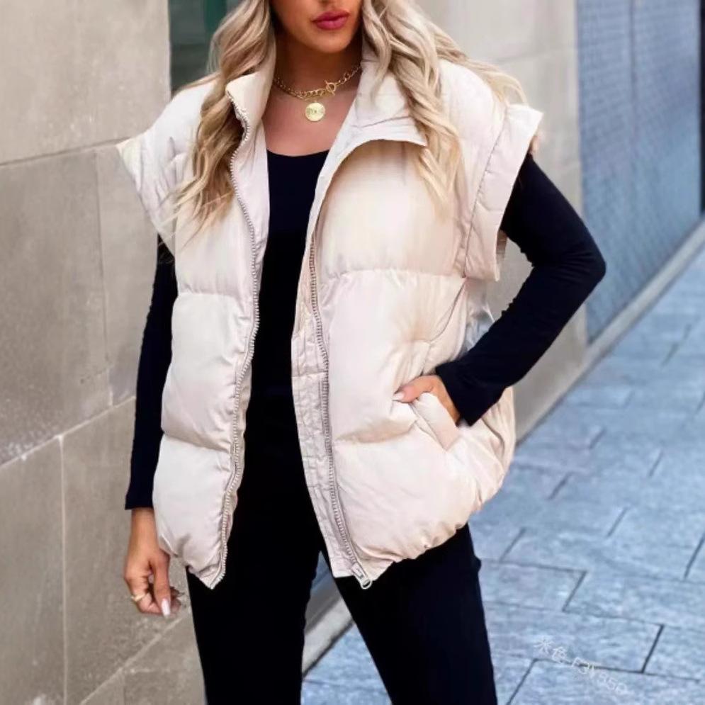 Solid Color Zipper Sleeveless Winter Warm Vest Jacket Womens Pocket New Stand Collar Temperament Vest Doudoune Sans Manche Femme