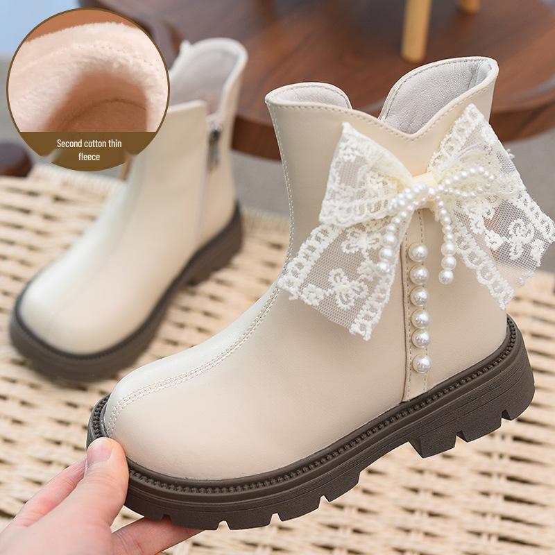 

Girls Fleece-Lined Ankle Boots with Bowknot - New 2025 Autumn/Winter Collection Size 35, 22.3cm