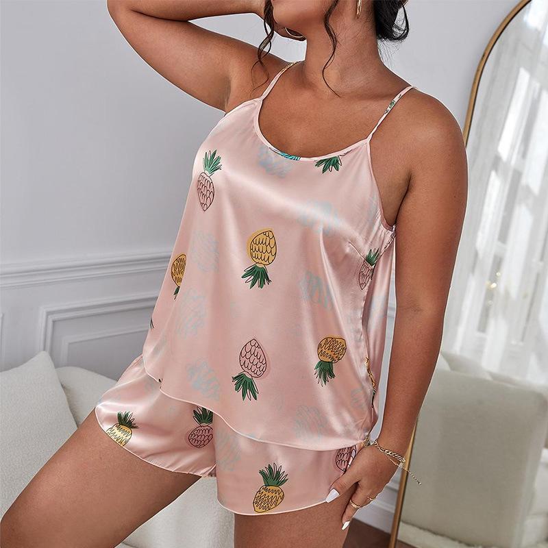 

Женский дышащий повседневный пижамный комплект с принтом ананаса, стильный сексуальный свободный мягкий комплект с лифом для дома с открытой спиной и V-образным вырезом, шорты с высокой талией, комплект одежды для сна 5XL