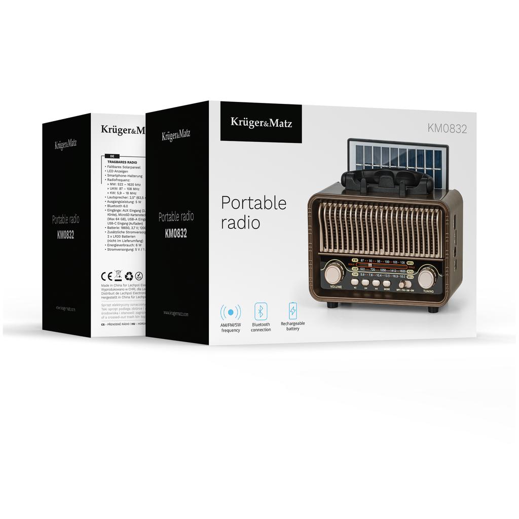 Radio Przenośne Analogowe Solarne FM Kruger&Matz Bluetooth Na Baterie AUX