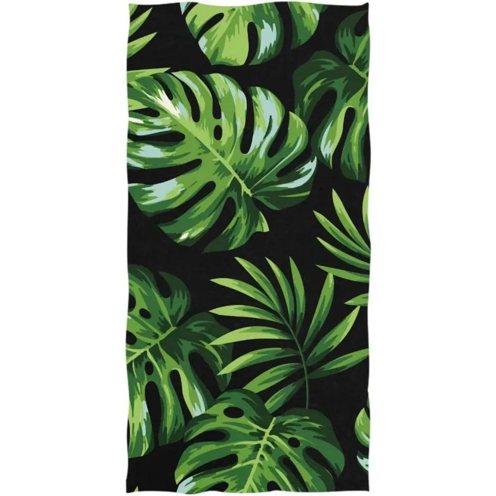 Artistic Green Palm Leaves Beach Towel, Black Tropical Pattern Quick Dry Absorbent, Lightweight Sand Free Travel Pool Essentials
