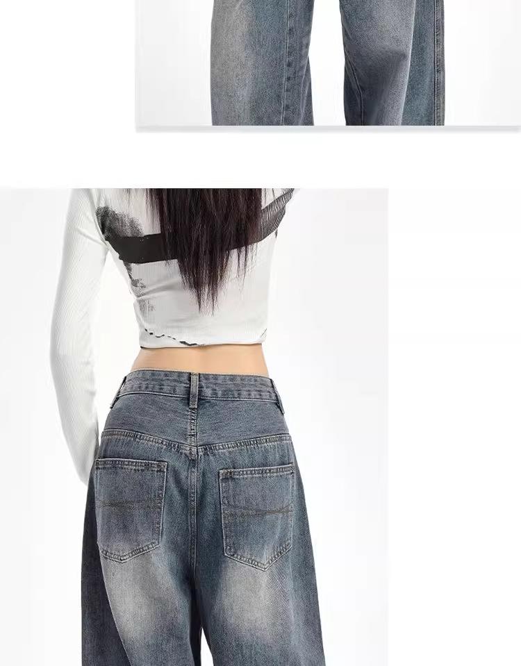 Unisex American Retro High-Waist Wide-Leg Jeans: Spring & Autumn, Loose, Slimming, Drapey, Floor-Length Straight-Leg Style.