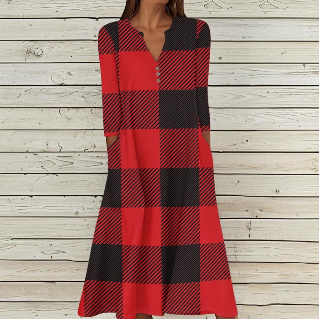 Women's Summer Casual V-Neck Button Retro Polka Dot Print Three-quarter Sleeve Long Dress With Pockets