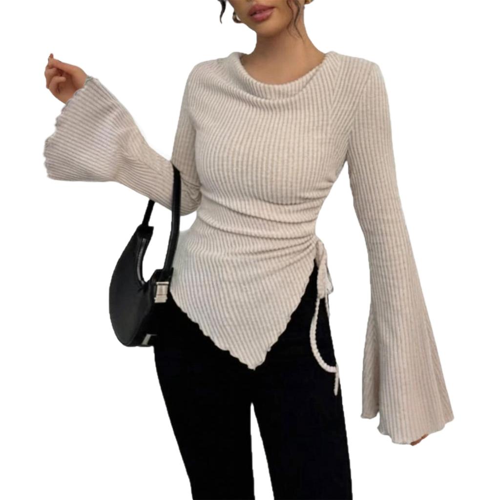 Women's Fashionable Casual Long,Sleeved Color Irregular Hem Flared Sleeves Drawstring Design Slim Fit Pullover Round Neck T,Shirt Top