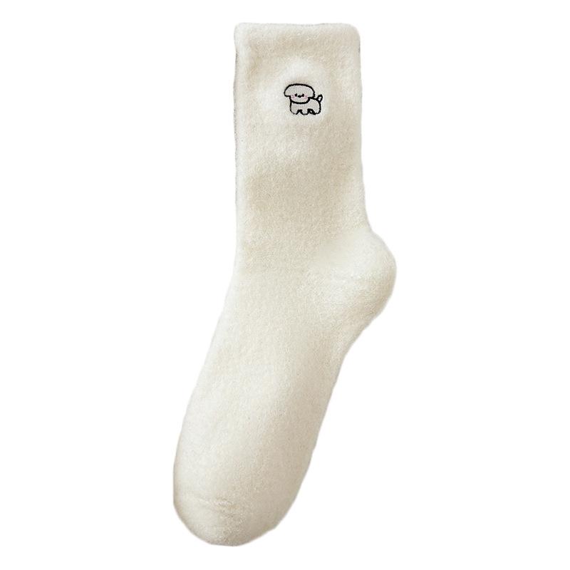 Embroidered Puppy Socks Season Mid-Tube Socks Cute Cartoon Velvet Thickened Thermal Home Floor Sleeping Socks
