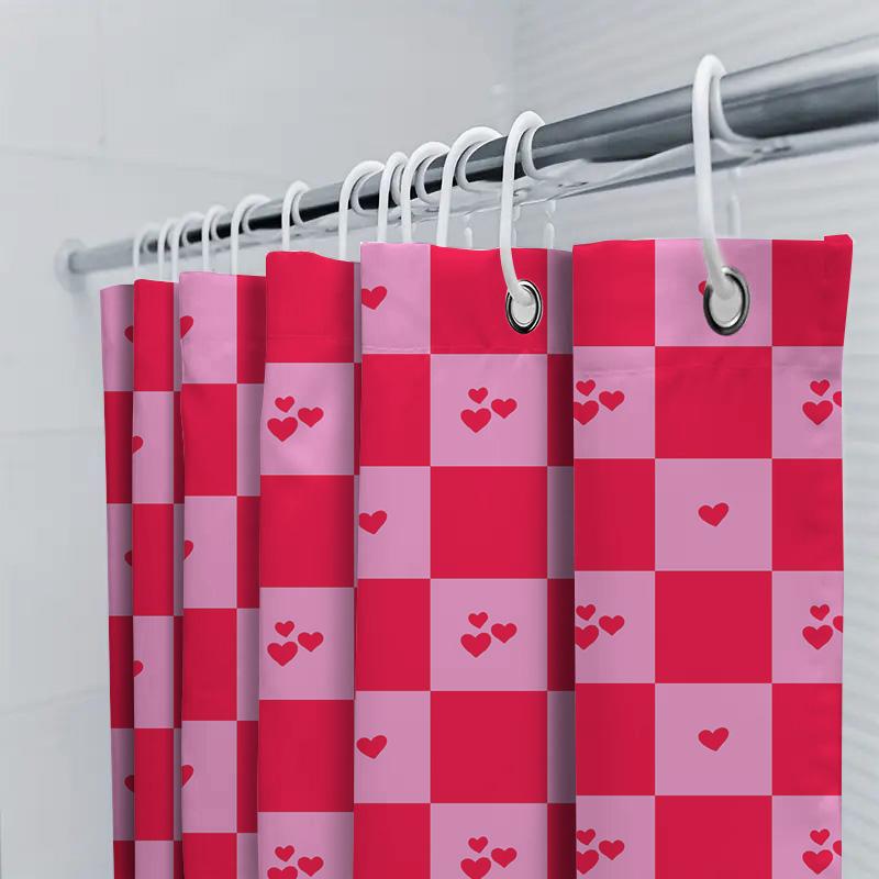 Pink Red Love Heart Checkered Shower Curtain Home Bathroom Decor Waterproof Plastic Rod Pocket 72 x 84 inches (183cm*213cm) Free
