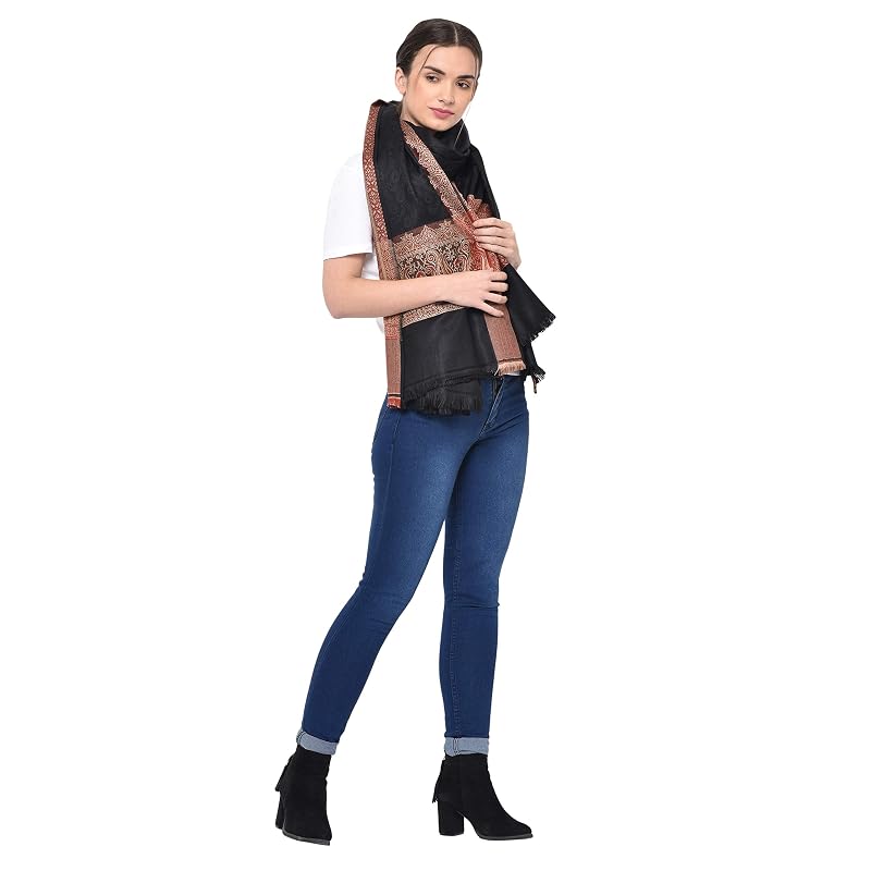 Weavers Villa Women'S Kashmiri Acro Wool Self Design Border Shawl (Black), 100Cm X 200Cm