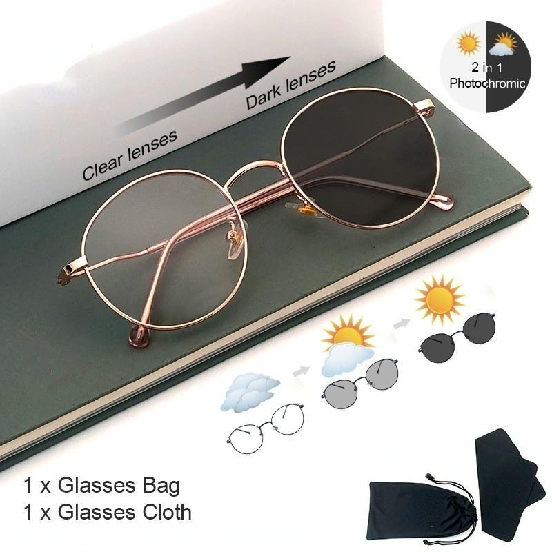 Photochromic Anti Blue Light Glasses Fashion Circular Glasses Frame UV Protection Outdoor Beach Sunglasses For Men Women