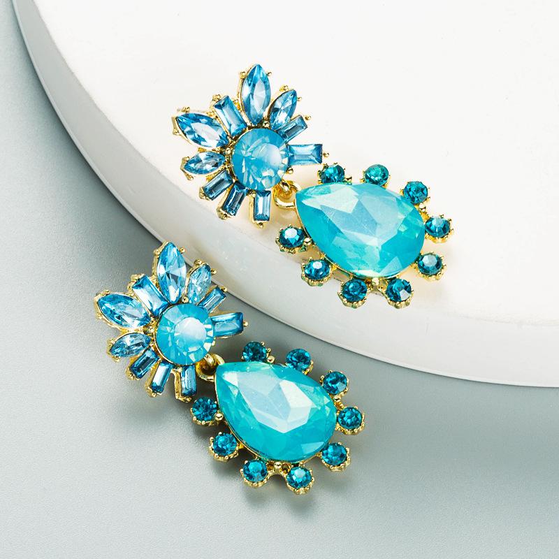 

Женские серьги в форме капли, цветочные серьги из сплава, инкрустированные стразами, персонализированные цветные серьги OneSize синий