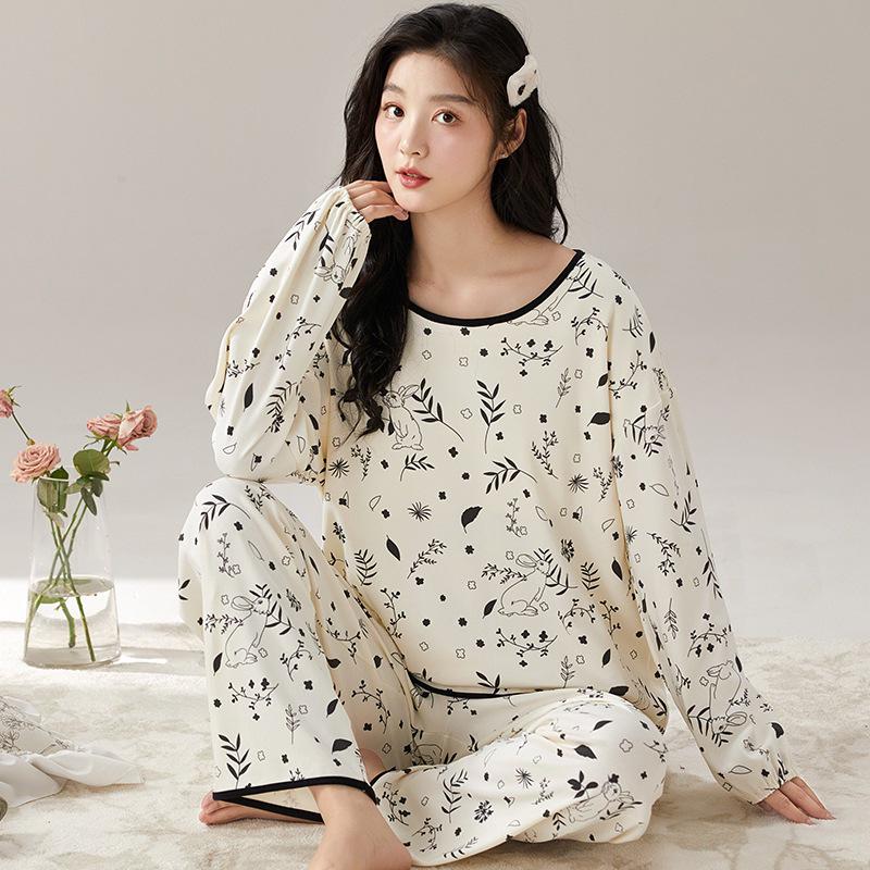 Dámské bavlněné pyžamo s dlouhým rukávem s kresleným potiskem na rok 2024: Tenký, nositelný venku, ideální pro podzim/zimu/jaro