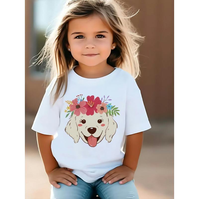 European sizes This Cartoon-Style Girls' T-Shirt Features a Cute Print of a Puppy Wearing a Flower Wreath; Designed with a Round Neckline