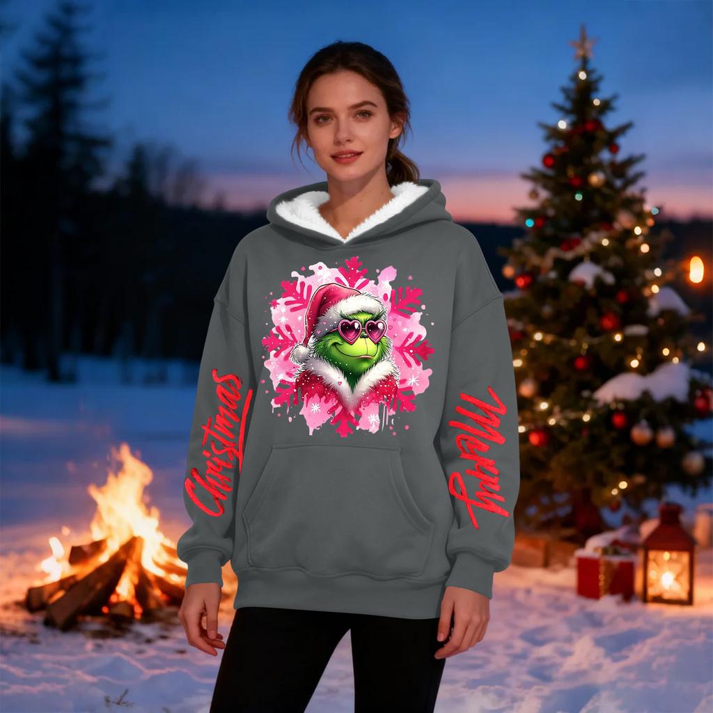 Damen Casual Mode Plus Samt Verdicktes Weihnachtsdruck Kapuzensweatshirt