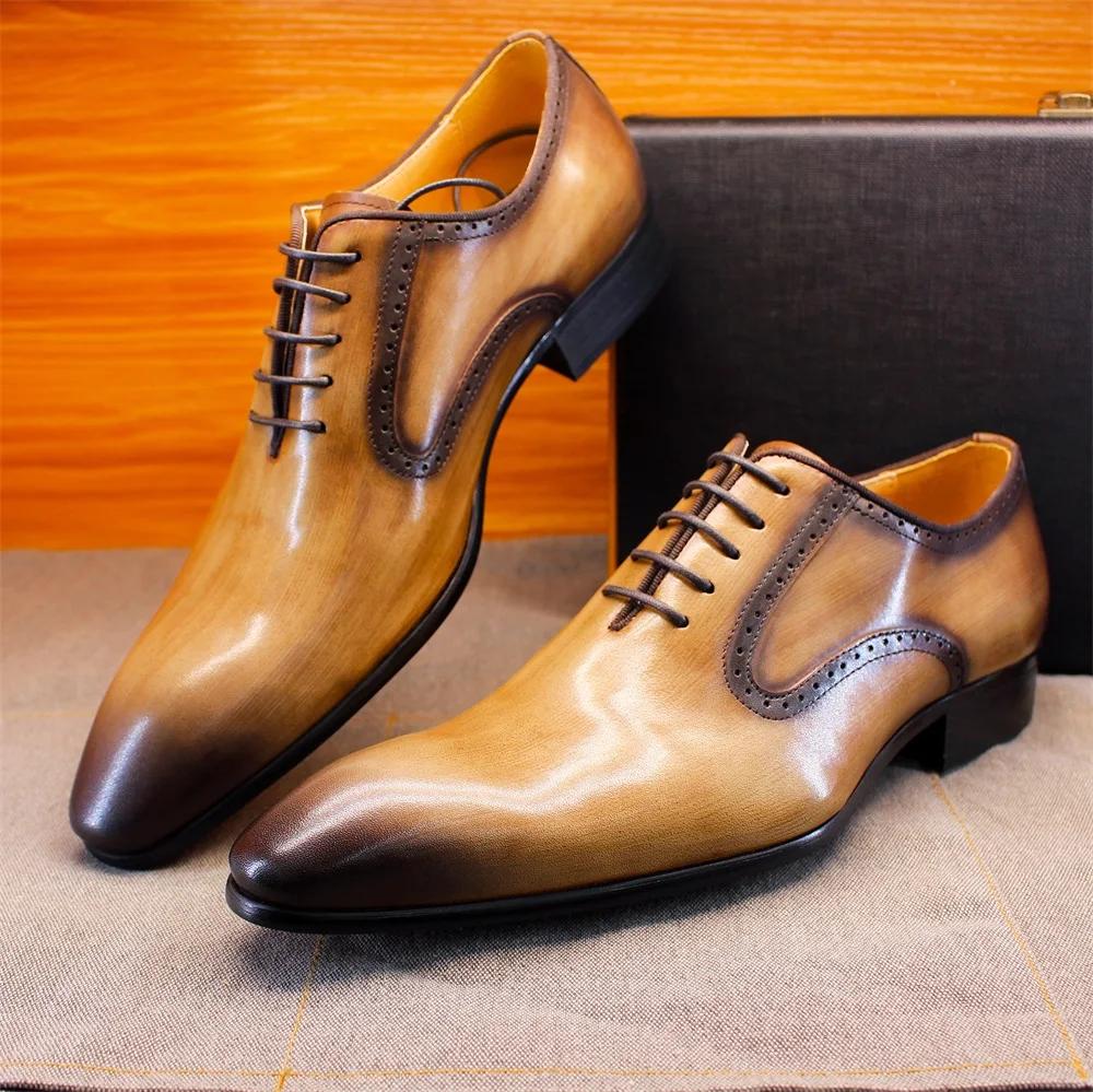 Herrenmode Handgefertigte Echtleder Oxford Schuhe Schwarz Khaki Formell Business Anzug Hochzeitsfeier Geeignet