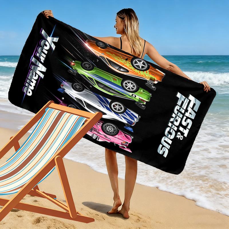 Name Custom Car Racing Fast Furious Print Beach Towel, Large Soft Quick Dry Towel for Beach Camping Swimming