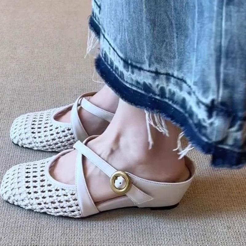 New Woven Hollowed Out Breathable Inner Heightened Baotou Half Slippers for Women with One-word Strap and Fashionable Cool Mop