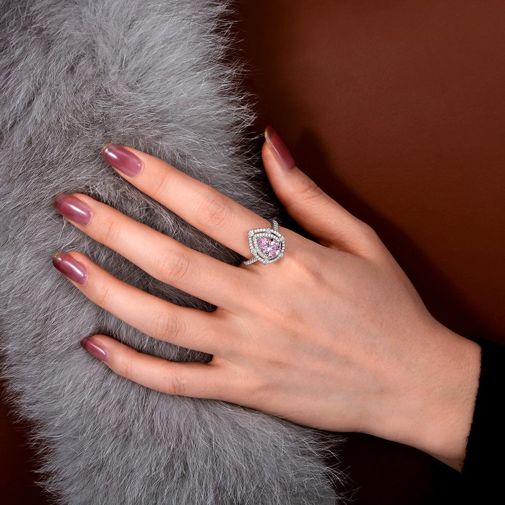 Tancise Ring Synthetischer Wassertropfen 3 Karat Rosa Diamant S925 Sterlingsilber Platinplattierung Farbtrennung Hauptstein 7*10.
