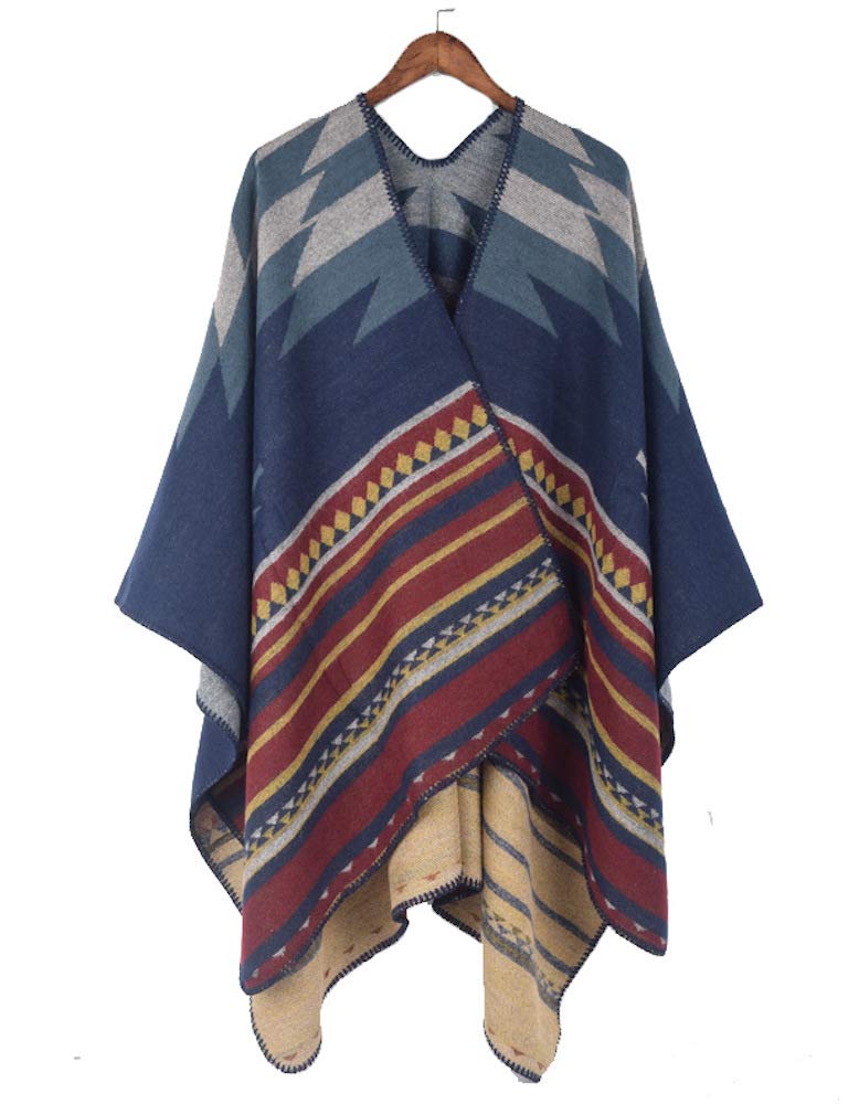 Large Ortega Check Pattern Knit Woven Tonbi Woven Ethnic LOPKS. Stole/Poncho/Scarf, (Navy), Scarf, Snood, Cape, Cape, Shawl, -21