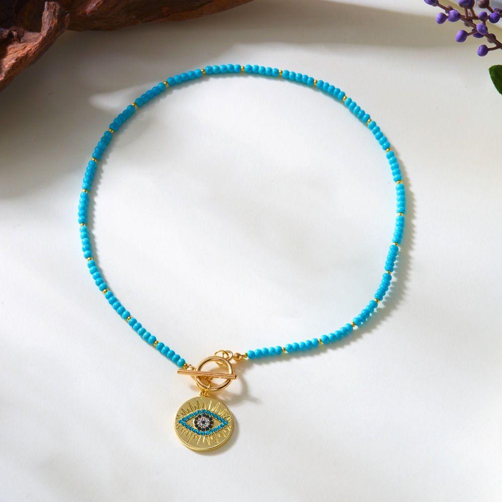 Boho Style Colorful Stone Choker 4mm Beads Beads Chain Necklace Evil Eye Charm Pendant  Women Girls
