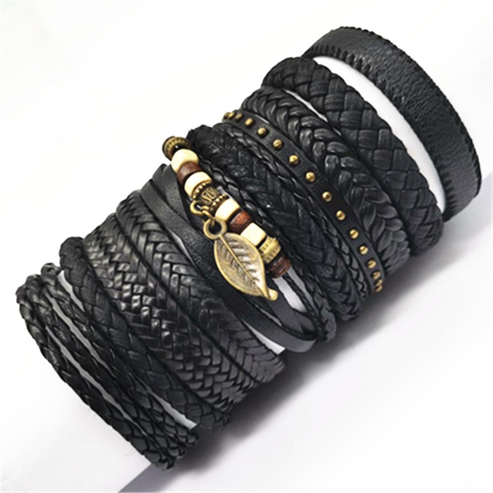 10 Pcs/set Black Wrap Woven New Fashion Handmade Men Bracelets Male Women Leather Bracelets Men Bangle Jewelry Gift