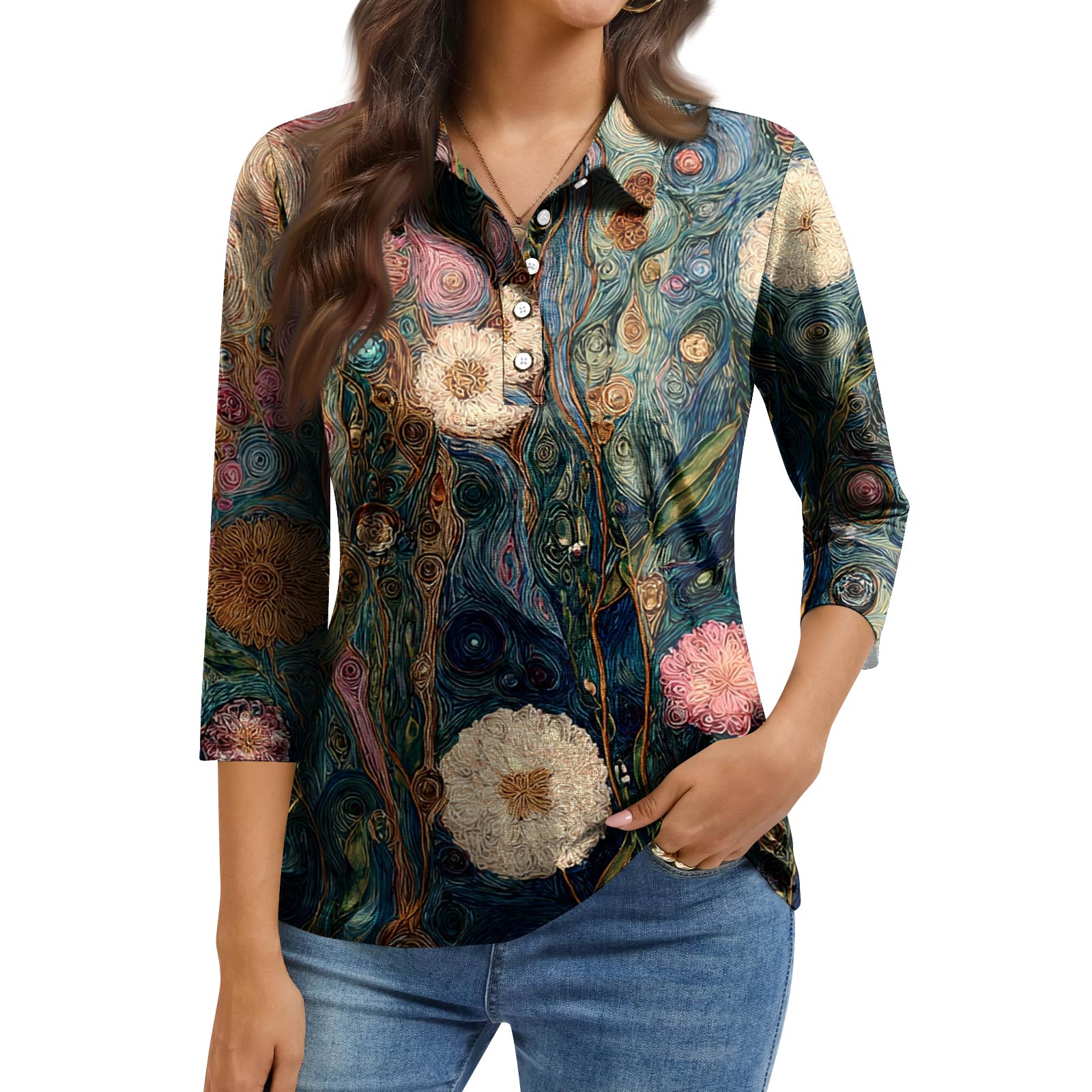 

Жіноча модна повсякденна сорочка з лацканами, коротким рукавом 3/4, принтом, жіночі топи на ґудзиках S