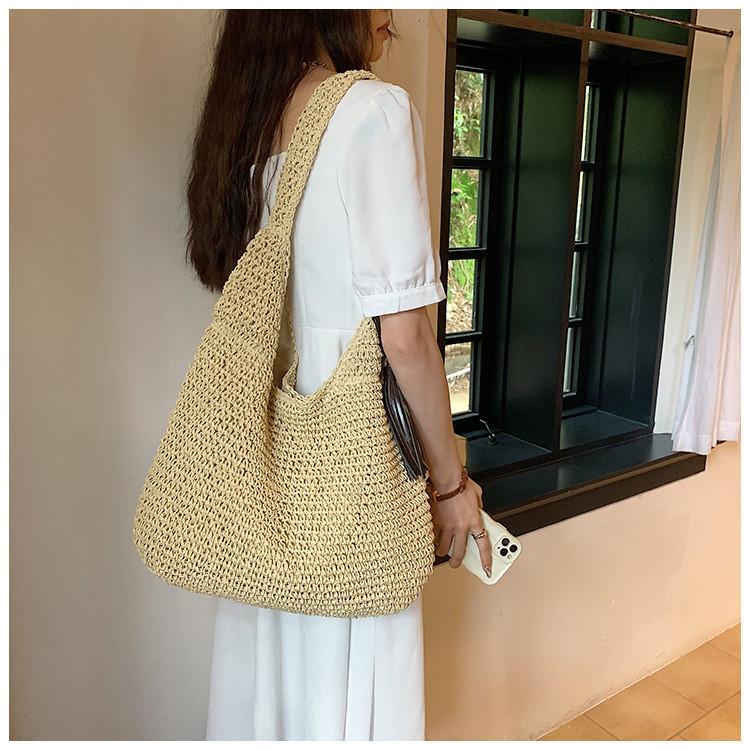 IELGY Lazy Loose Feel Shoulder Large Capacity Bag Summer Seaside Vacation Straw Beach Bag