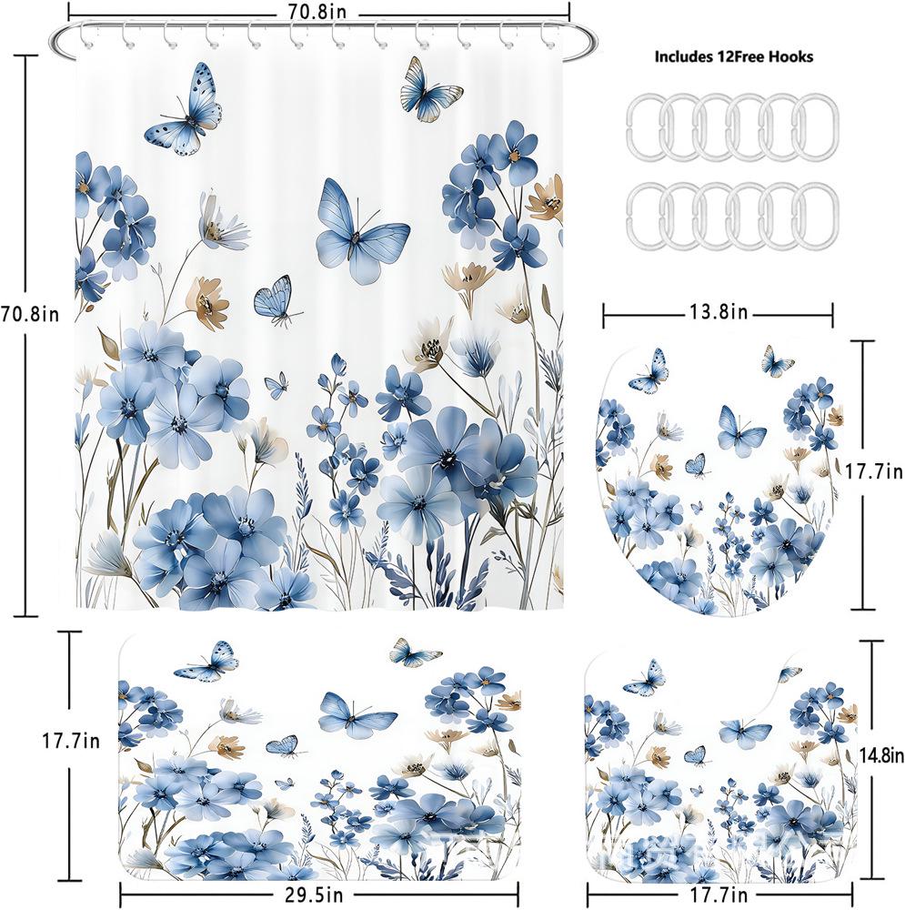 Blue Butterfly Bathroom Set: Shower Curtain, Bath Mat, Toilet Lid Cover, Bathroom Mat & 12 Hooks.