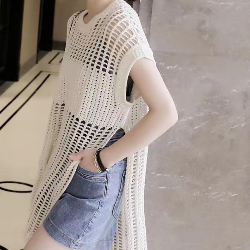 New Summer Hollow-Out Knit Cover-Up: Women's Mid-Length Side Slit Fashionable Top/Dress