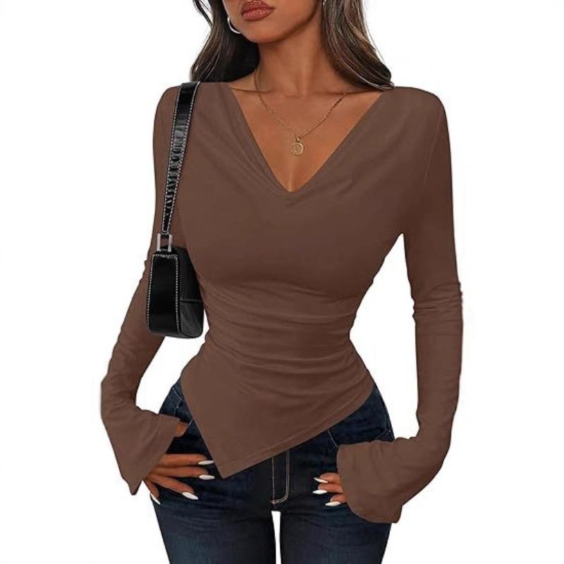 Autumn and Winter Women's Solid Color Long-sleeved Asymmetrical Top T-shirt Fashionable and Comfortable