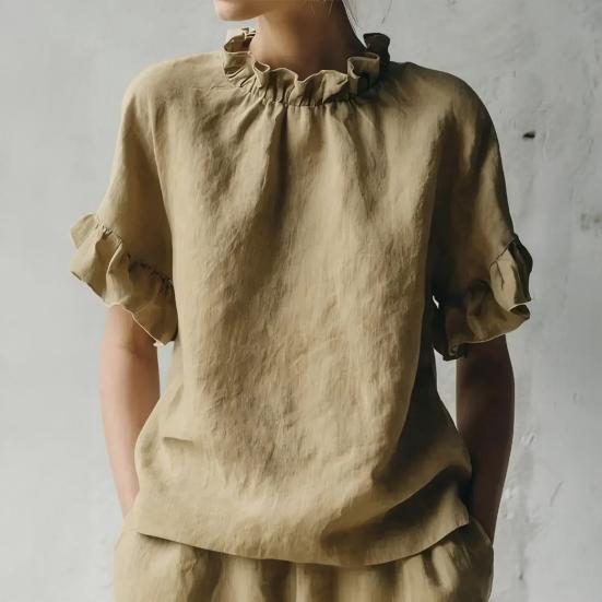 Damen Oberteile Einfarbige Lockere Passform Sommerbluse Rundhalsausschnitt Kurze Ärmel Rüschen-Patchwork-Design Pullover Oberteile Tägliche Kleidung