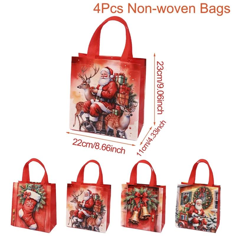 Set Regalo di Natale a 4 Pezzi con Design di Babbo Natale, Tessuto Non Tessuto Riutilizzabile e Manici Robusti