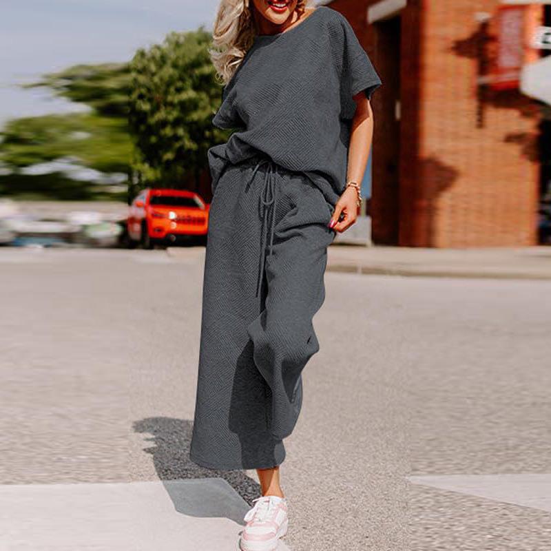 

Комплекты для женщин Летние комплекты для отдыха Топы с круглым вырезом Широкие укороченные брюки Наряды для отпуска и путешествий 2XL