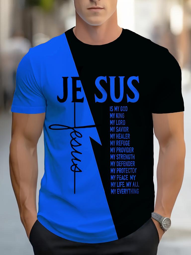 Men's Crew Neck Christian-style T-shirt with 3D Printed Text, Casual Sportswear, Comfortable and Simple Short-sleeved, Suitable for All Seasons.