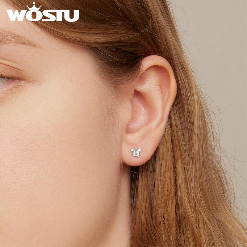 WOSTU 925 Sterling Silver Lovely Cute Butterfly Stud Earrings For Women Clear CZ Rose Gold Mini Ear Studs Wedding Party Jewelry