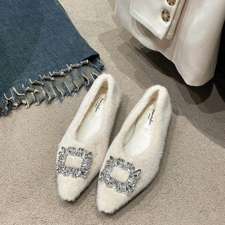 Damen flache Schuhe Winter Elegant spitz Plüsch Sexy niedriger Absatz flauschig Freizeitschuhe Bequem Outdoor Strass Modeschuhe