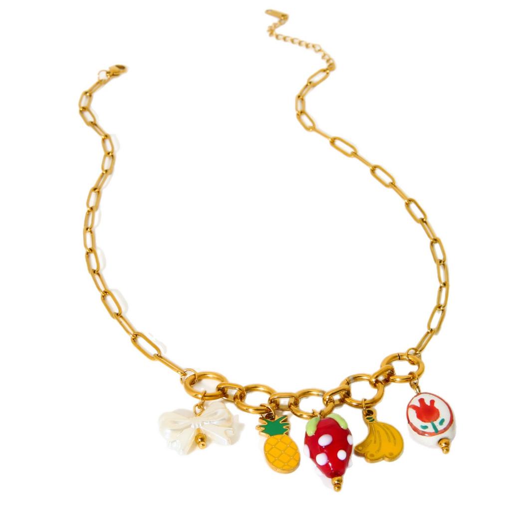 European and American oil dripping flower banana pineapple fringed ceramic pendant DIY necklace women's plated 18k gold stainless steel jewelry