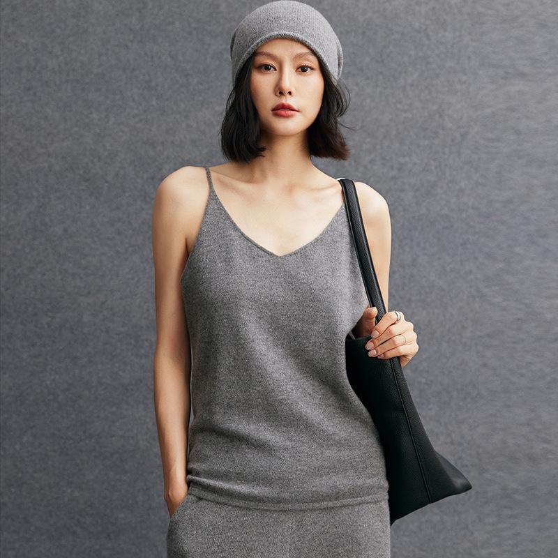 V-Neck Sleeveless Cashmere Knit Camisole Vest – Slim-Fit Women's Base Layer