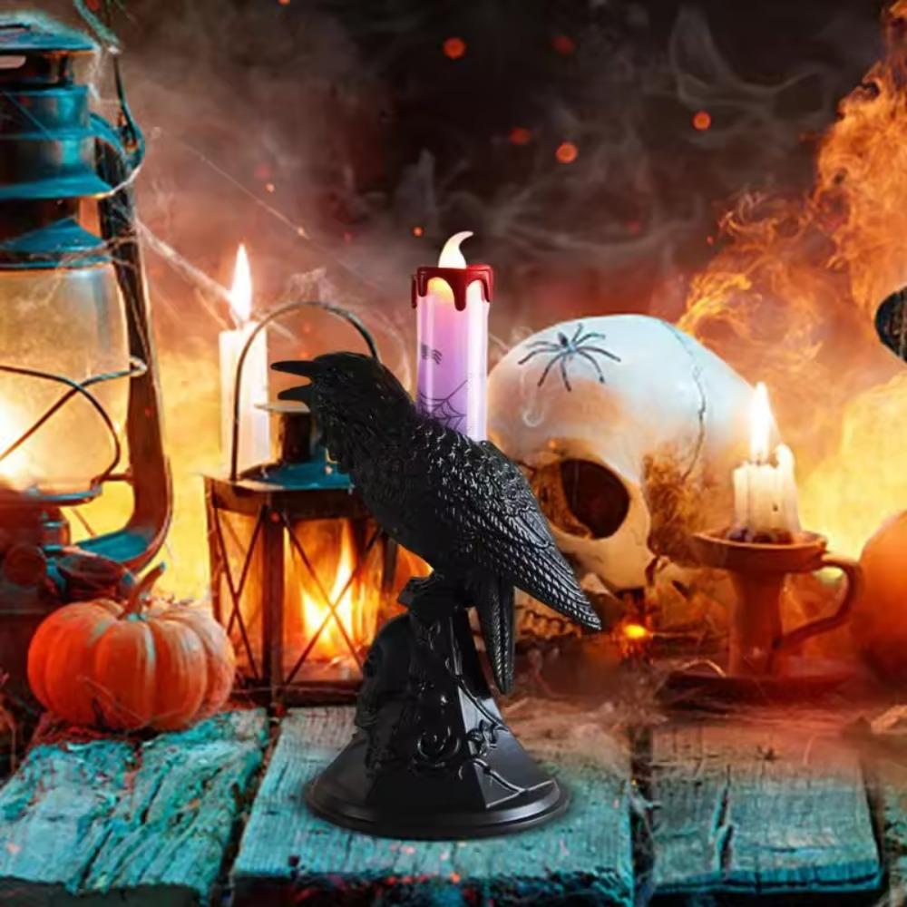 Realistic Black Crow Statue Glowing Candlestick Luminous Table Lamp Raven LED Candles Bar