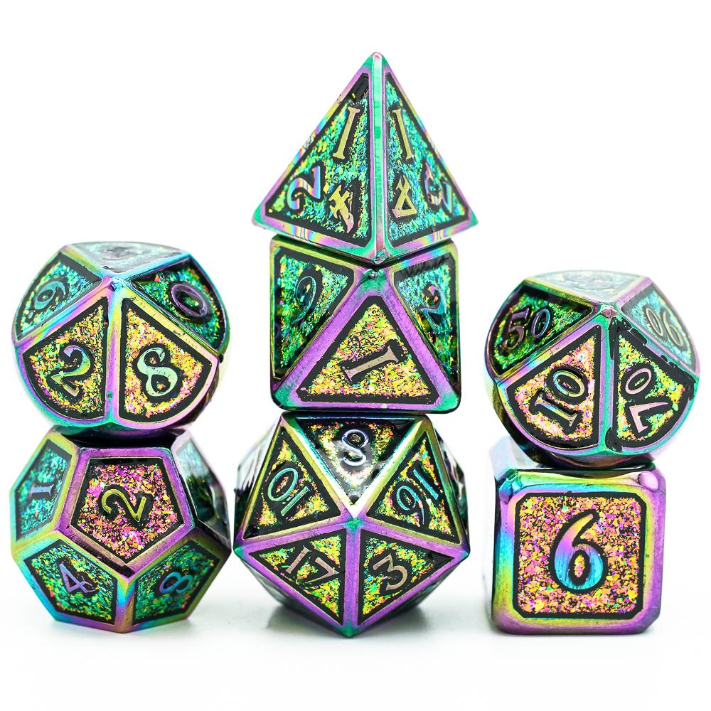 Cusdie Metal Glitter Dices DND 7Pcs Frame Solid D&D Dice D4-D20 Polyhedral Dice Set for Role Playing Game Pathfinder TRPG