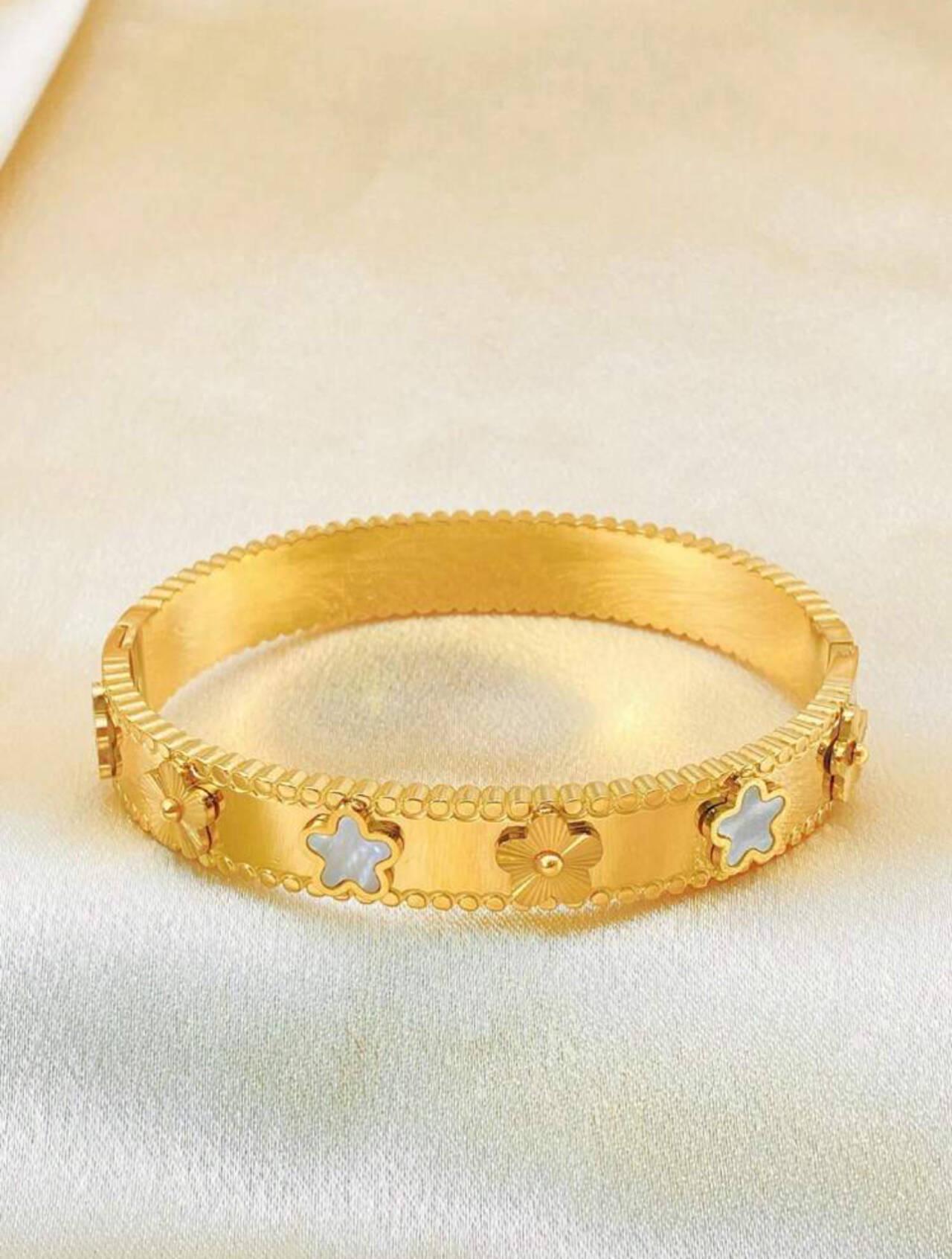 

Браслет-калейдоскоп из титановой стали с 18-каратным золотым покрытием в виде пятилистного клевера - узкая и широкая версии, роскошное женское украшение. белый