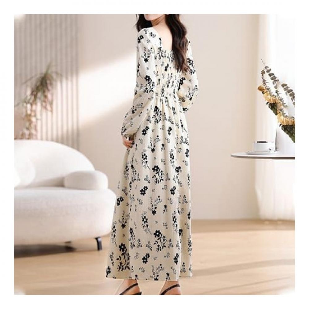 Navava Romantic Flower Shirring Square Neck Long Sleeve Dress No725
