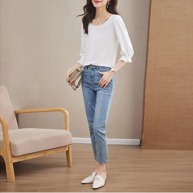 Moda șifon și gât O Cămăși pentru femei Topuri cu mâneci trei sferturi Bluze pentru damă de birou alb Îmbrăcăminte pentru femei 29467