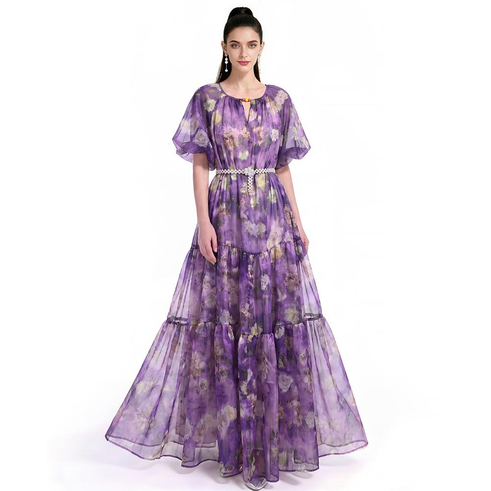 Summer Holiday Vacation Flower Print Long Maxi Dress Bohemian O-neck Short Sleeve High Waisted Chiffon Party Dresses Casual Robe