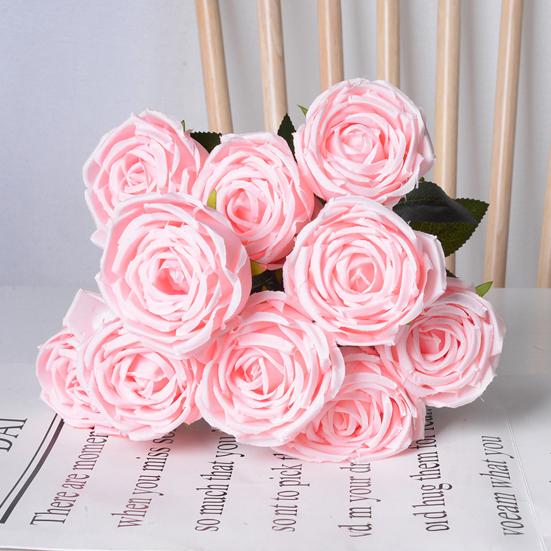 10 Heads Artificial Rose Flower Realistic Faux Silk Long Stem Rose Bouquet with Leaf for Home Kitchen Office Wedding Party Decoration