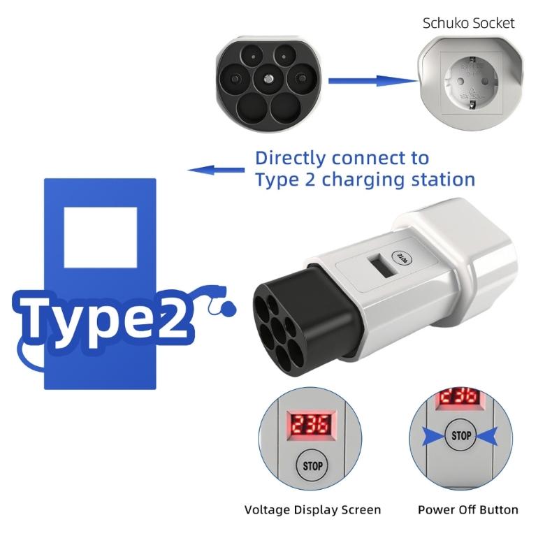 Adattatore di ricarica per veicoli elettrici da Tipo 2 a UK con display di tensione e pulsante di spegnimento per scooter elettrici e protezione migliorata