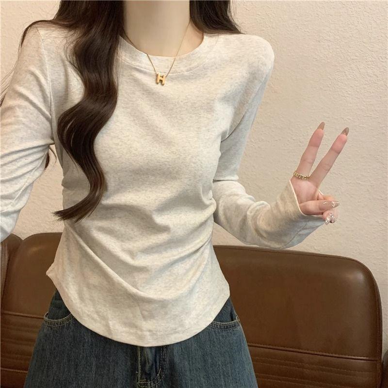 Women's Round Neck Long Sleeve Top Slim Fit Commuter Style Ruched Solid Color Retro Casual Basic Tee