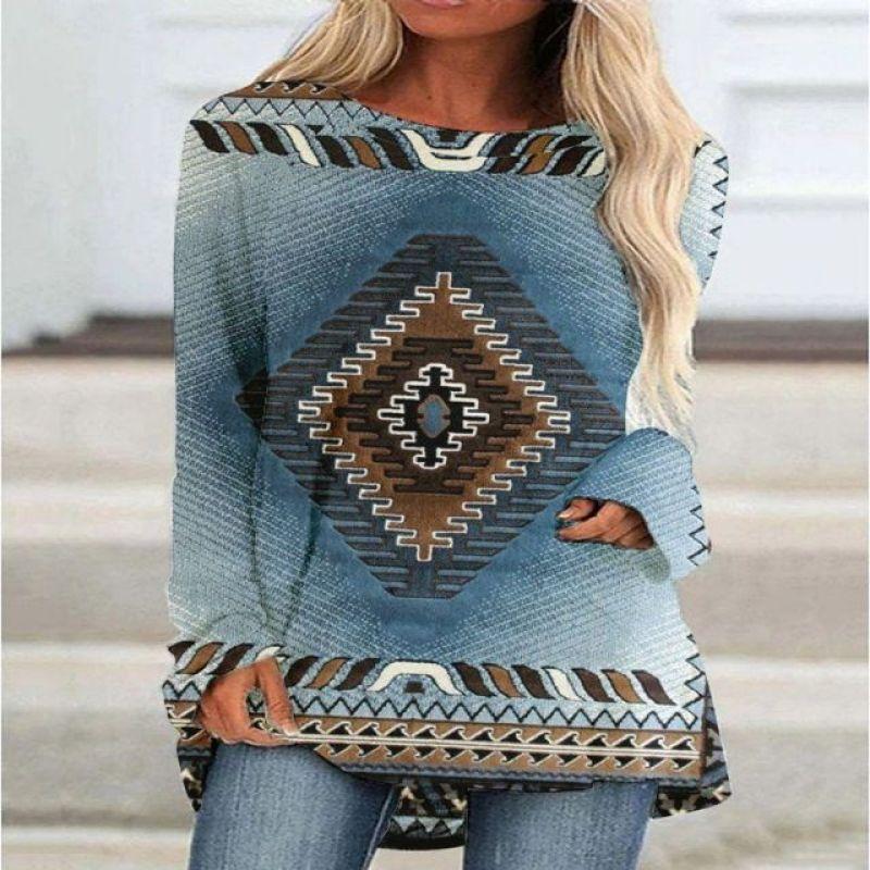 New 3D Ethnic Tribal Style Printed Round Neck Women's T-shirt Long-sleeved Bottoming Shirt Casual Loose Top Breathable Pullover