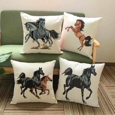 Funda de cojín de caballo de algodón y lino beige, fundas de almohada decorativas para sofá, funda de almohada de animales de caballo negro para la cintura, la espalda y el asiento del coche