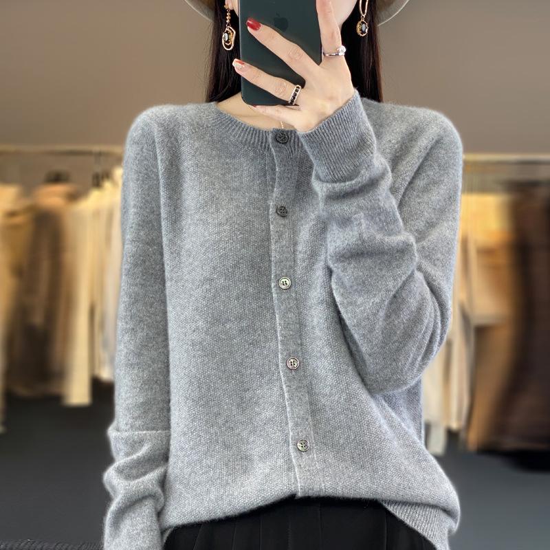Cardigan Women Round Neck Spring and Autumn Long-sleeved Tunic Tops Pure Wool Knitted Jacket Plus Size