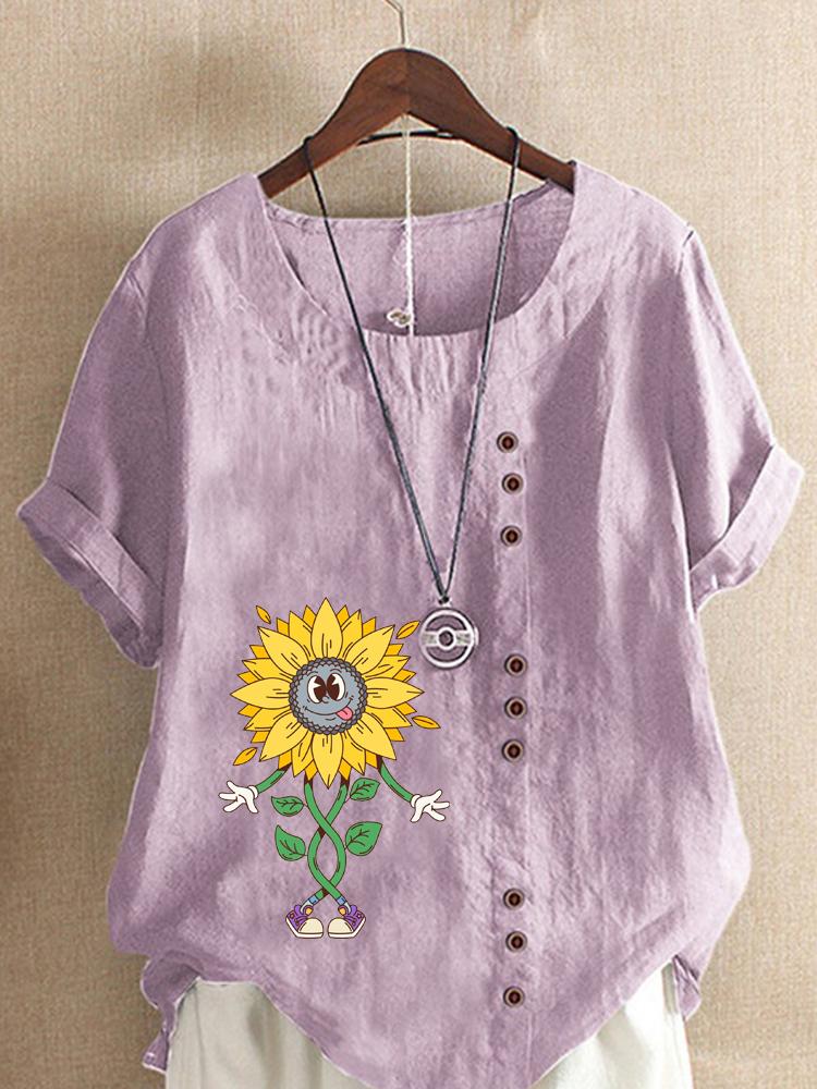 Women's Fashion Abstract Sunflower Print Casual Cotton Linen Short Sleeve Round Neck T-shirt Shirt Leisure Loose Summer Blouse Tops