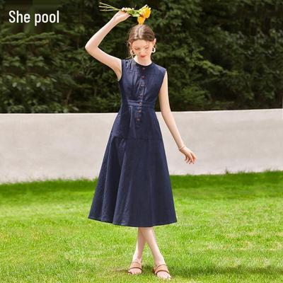 Tachi Women's Round Neck Sleeveless Denim Midi Dress